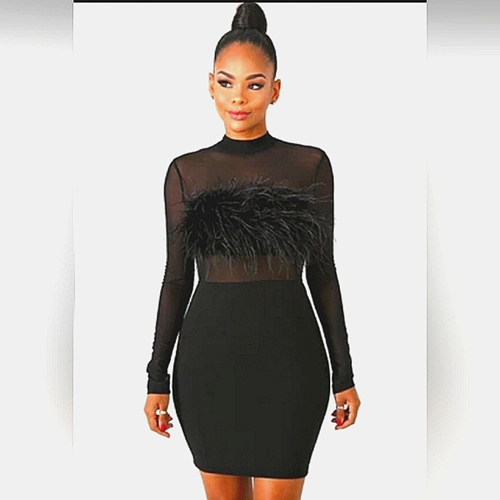 💗 Black Feather and Mesh Long-Sleeved Cocktail Dress